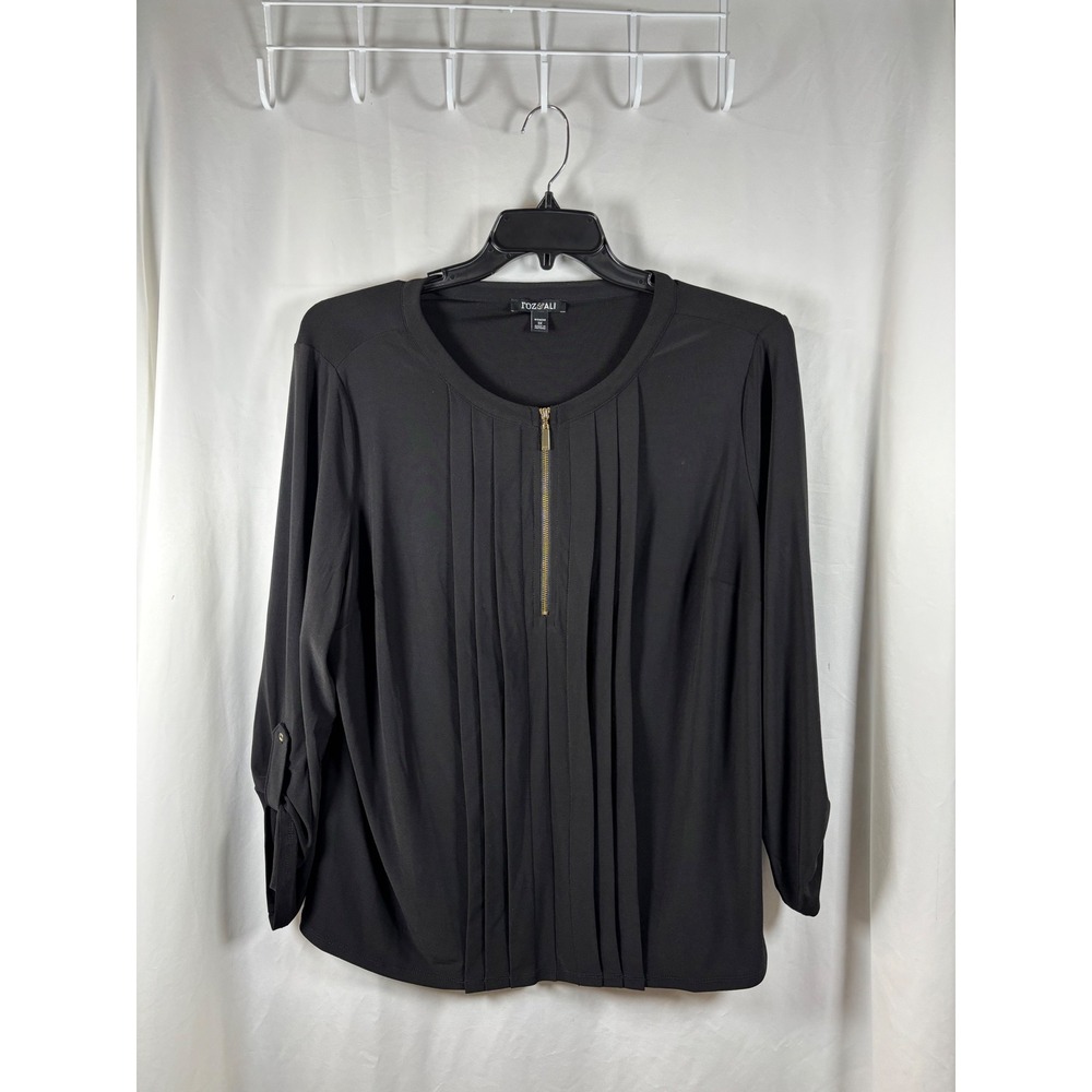 Roz & Ali‎ Black Pleated Half Zip Blouse 1X Roll Tab 3/4 Sleeve Plus Size Top